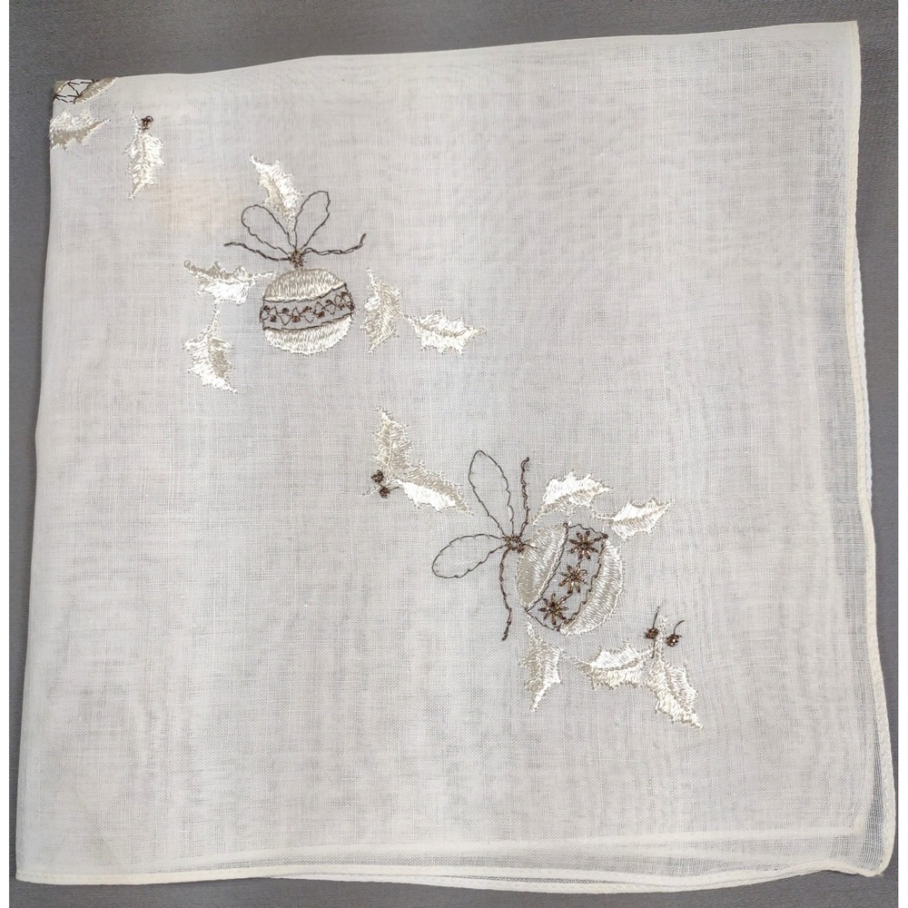 Vintage Swiss Cotton Handkerchief Christmas Ornaments Holly Embroidery White